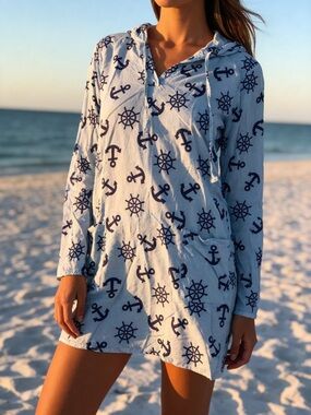 Coastal Nautical Hooded Tunic Dress Blue Anchors Ship Wheel Beachy Boho